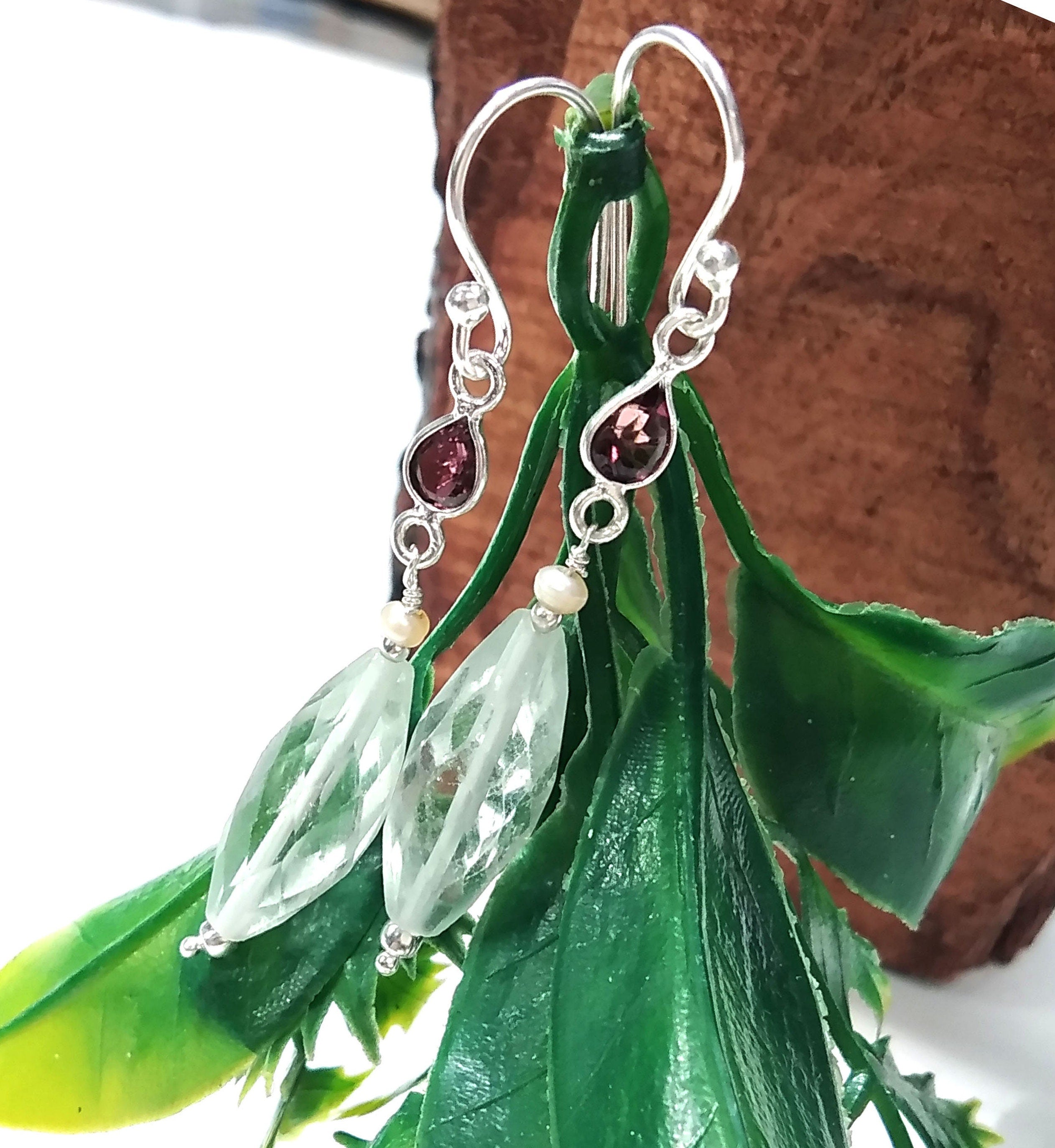 Natural Green Amethyst/Garnet Gemstone Drop Earring, 925 Solid Starling Silver Earring, Stone Size 19x7 mm Gift Birthday Earring Jewelry